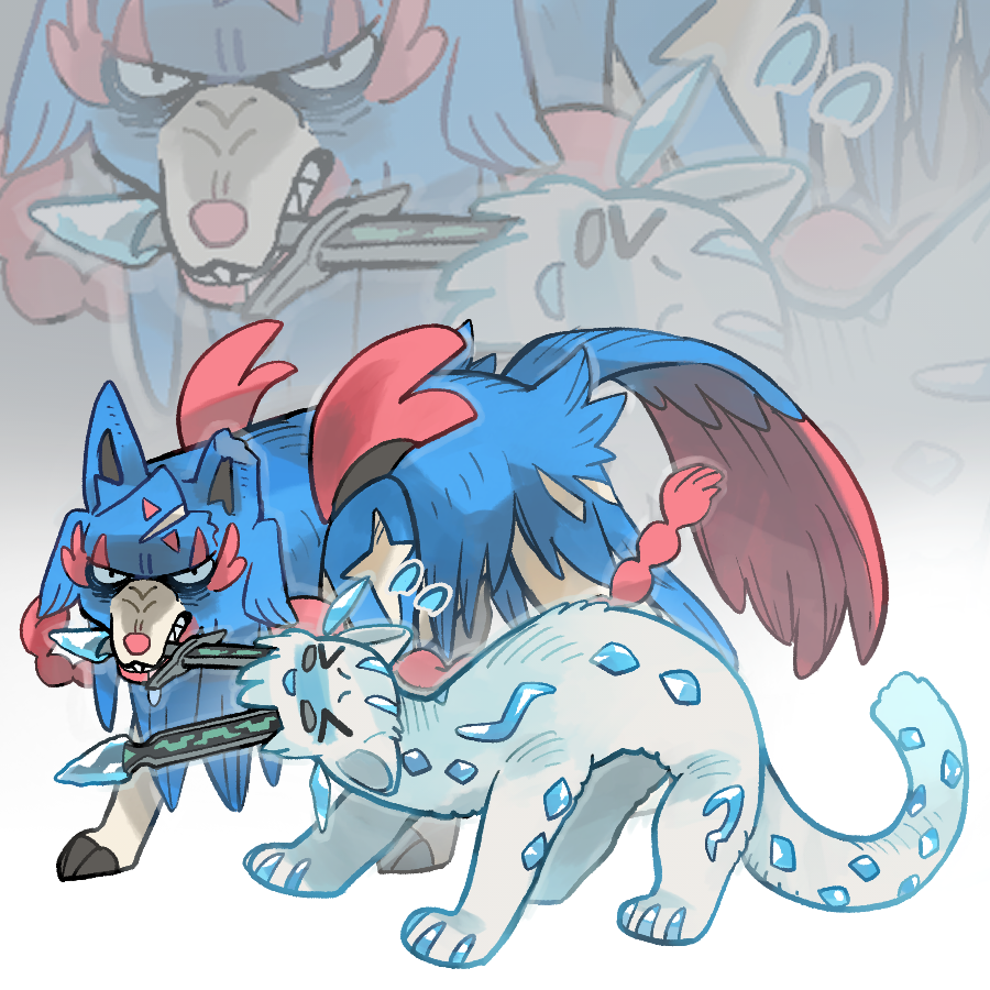 2023 ambiguous_gender black_claws blue_body blue_claws blue_eyes blue_fur blue_markings blue_nose blue_tail canid chien-pao claws clenched_teeth colored crystal digital_drawing_(artwork) digital_media_(artwork) duo fangs felid feral frown fur fur_tuft generation_8_pokemon generation_9_pokemon glistening gradient_background hero_of_many_battles_zacian holding_object holding_sword holding_weapon legendary_pokemon looking_at_viewer mammal markings melee_weapon monotone_ears mouth_hold multicolored_body multicolored_fur multicolored_tail nintendo object_in_mouth pantherine paws pokemon pokemon_(species) prick_ears pupils quadruped red_body red_fur red_nose red_tail sabertooth_(anatomy) sharp_teeth simple_background snout sword sword_in_mouth tail tan_body tan_fur teeth toe_claws tuft two_tone_body two_tone_fur two_tone_tail utsuki_maito weapon whiskers white_background white_body white_ears white_fur white_inner_ear white_tail yellow_body yellow_fur zacian