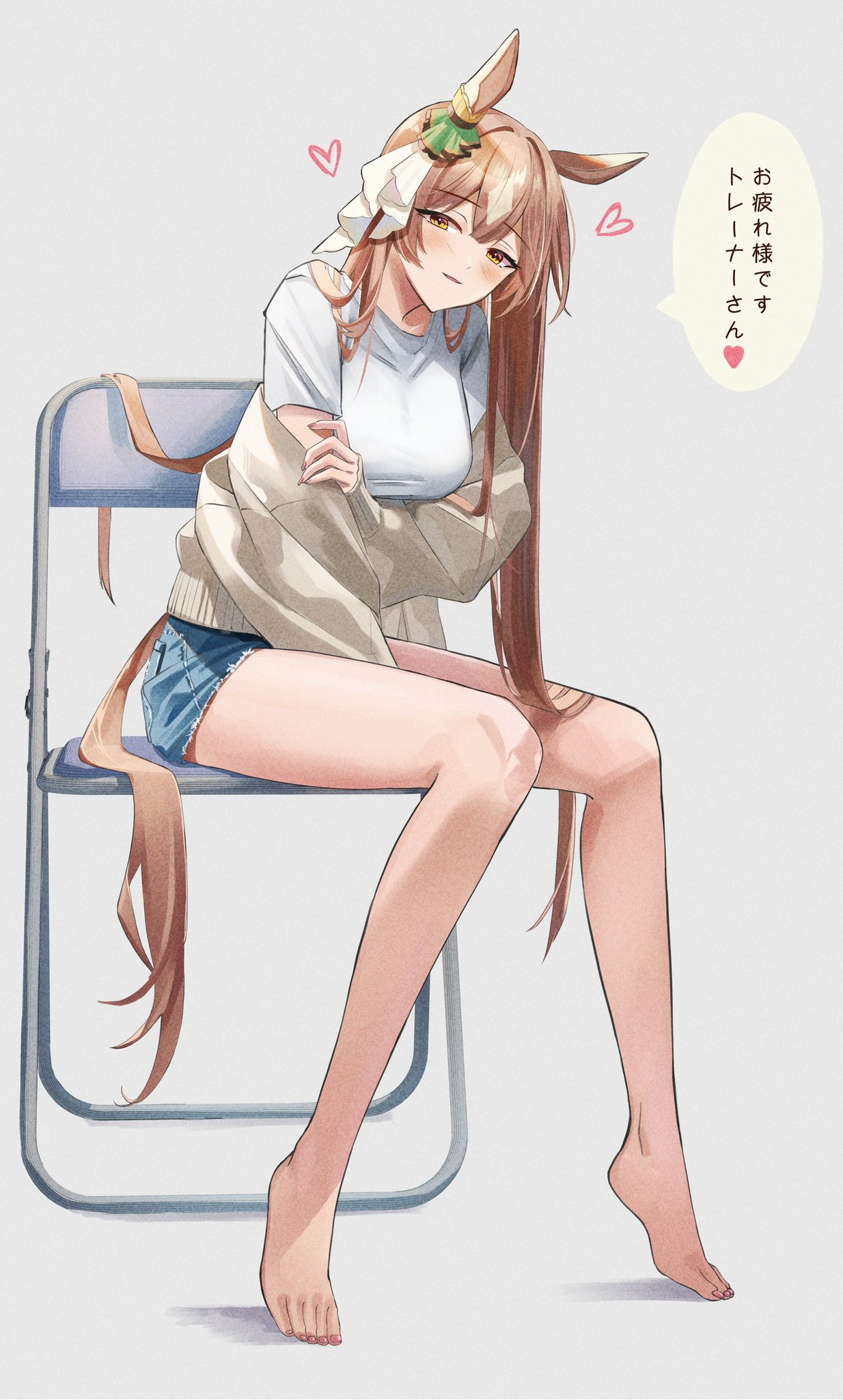 1girl alternate_costume barefoot blue_shorts blush braid breasts brown_eyes brown_hair chair conconcon1031 ear_ornament french_braid grey_background heart highres horse_girl large_breasts long_hair looking_at_viewer multicolored_hair satono_diamond_(umamusume) shirt short_sleeves shorts simple_background sitting smile solo streaked_hair sweater umamusume white_shirt