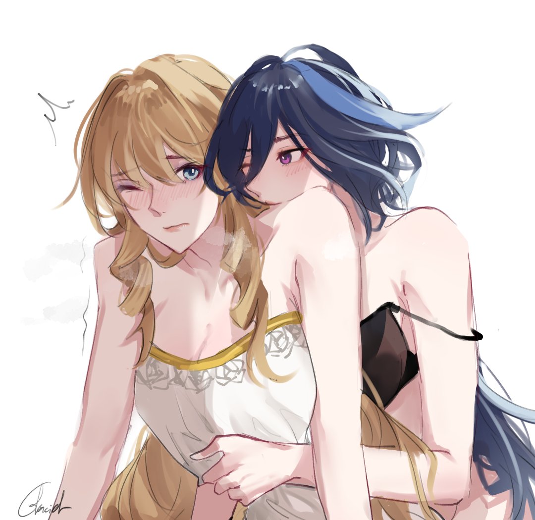 2girls alternate_costume assertive_female babydoll bare_arms bare_shoulders black_bra blonde_hair blue_eyes blue_hair bra clorinde_(genshin_impact) closed_mouth couple genshin_impact glaciel hair_between_eyes hand_on_another's_chest hug hug_from_behind light_blush long_hair looking_at_another multicolored_hair multiple_girls navia_(genshin_impact) one_eye_closed purple_eyes shirt simple_background trembling underwear upper_body white_babydoll white_background white_shirt yuri