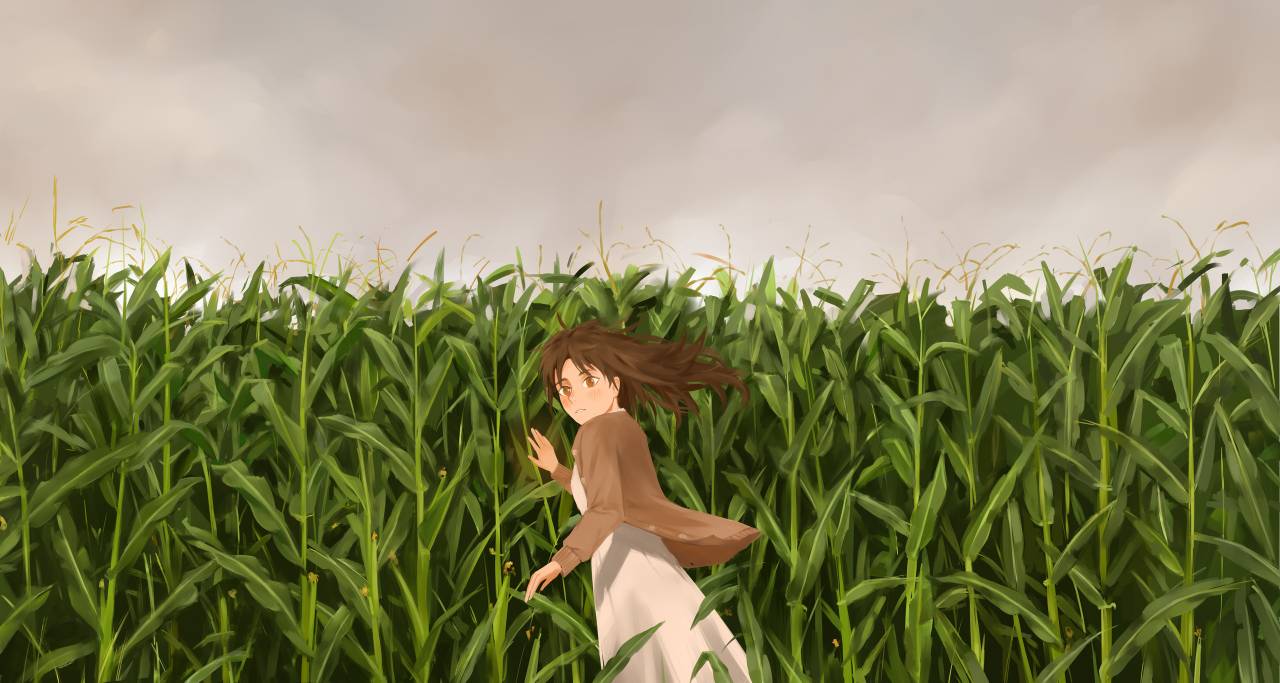 1girl blush_stickers brown_cardigan brown_eyes brown_hair buttons cardigan cardigan_lift closed_mouth cloud cloudy_sky commentary corn_field dress english_commentary from_side frown hair_lift kuwagatata long_dress long_sleeves looking_at_viewer open_cardigan open_clothes original outdoors outstretched_hand sky solo white_dress