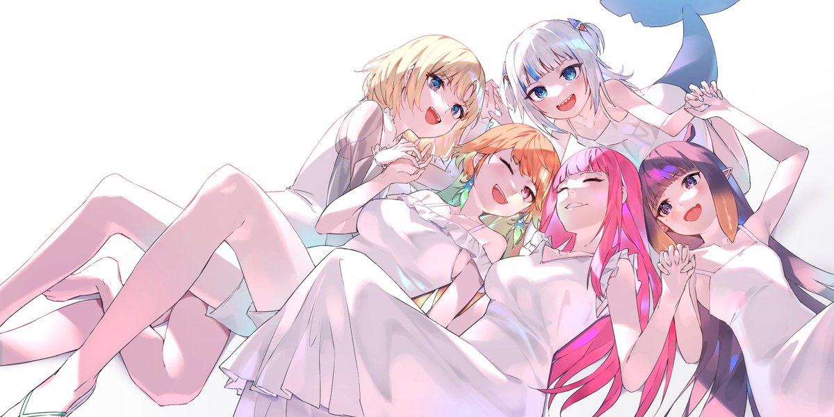 5girls :d aqua_hair barefoot blonde_hair blue_eyes blue_hair blunt_bangs breasts choppy_bangs closed_eyes cropped_legs dress feather_hair feathers fins fish_tail flat_chest frilled_dress frills gawr_gura green_feathers hair_ornament holding_hands hololive hololive_english kouhiipan large_breasts long_hair lying medium_hair mori_calliope multicolored_hair multiple_girls ninomae_ina'nis on_back on_side one_eye_closed orange_eyes orange_hair pink_hair pointy_ears purple_eyes purple_hair sandals see-through see-through_sleeves shark_tail sharp_teeth short_twintails sidelocks small_breasts smile tail takanashi_kiara teeth twintails two-tone_hair virtual_youtuber watson_amelia white_background white_dress white_hair