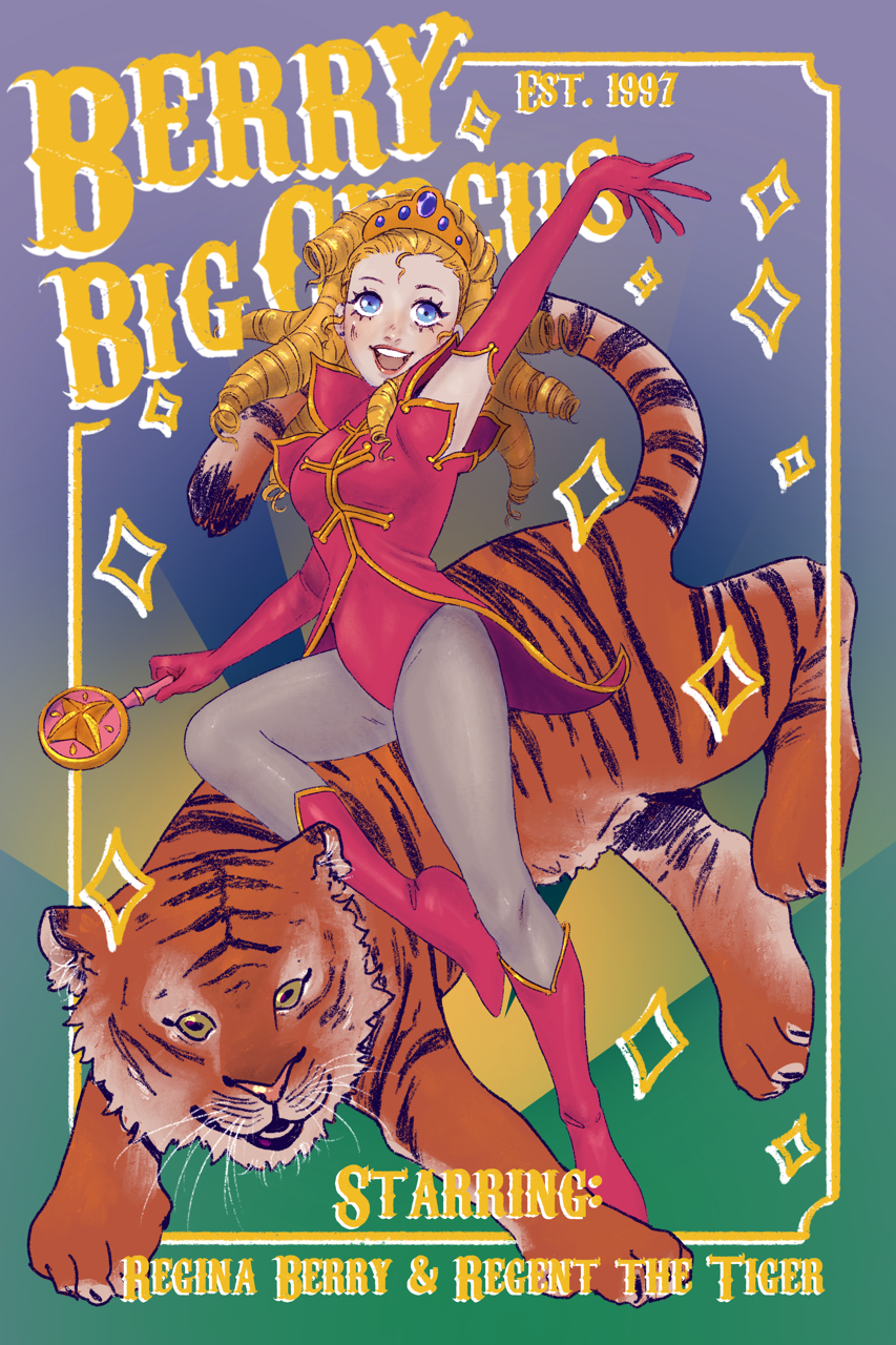 2020 5_fingers ace_attorney armwear baton blonde_hair blue_eyes boots breasts capcom circus clothed clothing crown duo elbow_gloves eyelashes feet felid female fingers footwear fur gloves hair handwear headgear hi_res human lips male mammal markings open_mouth orange_body orange_fur pale_skin pantherine paws pose poster_template quadruped regent_the_tiger regina_berry simple_background smile sparkles striped_body striped_fur striped_markings striped_tail stripes tail tail_markings teeth text tiara tiger tongue whiskers yatogami yellow_eyes