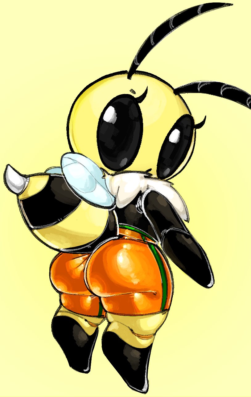 antennae_(anatomy) anthro arthropod arthropod_abdomen bee big_butt black_eyes bottomwear bug_fables butt clothing female goatboydraws hi_res hymenopteran insect looking_at_viewer looking_back moonsprout_games multicolored_body neck_tuft shorts solo stinger tuft two_tone_body vi_(bug_fables) wings