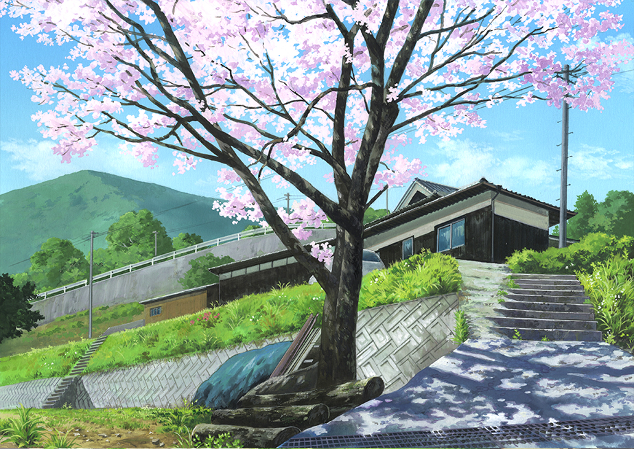 cherry_blossoms garden mountain no_humans original path power_lines rural scenery shadow stairs sunlight traditional_media tree tree_shade utility_pole yk_funa