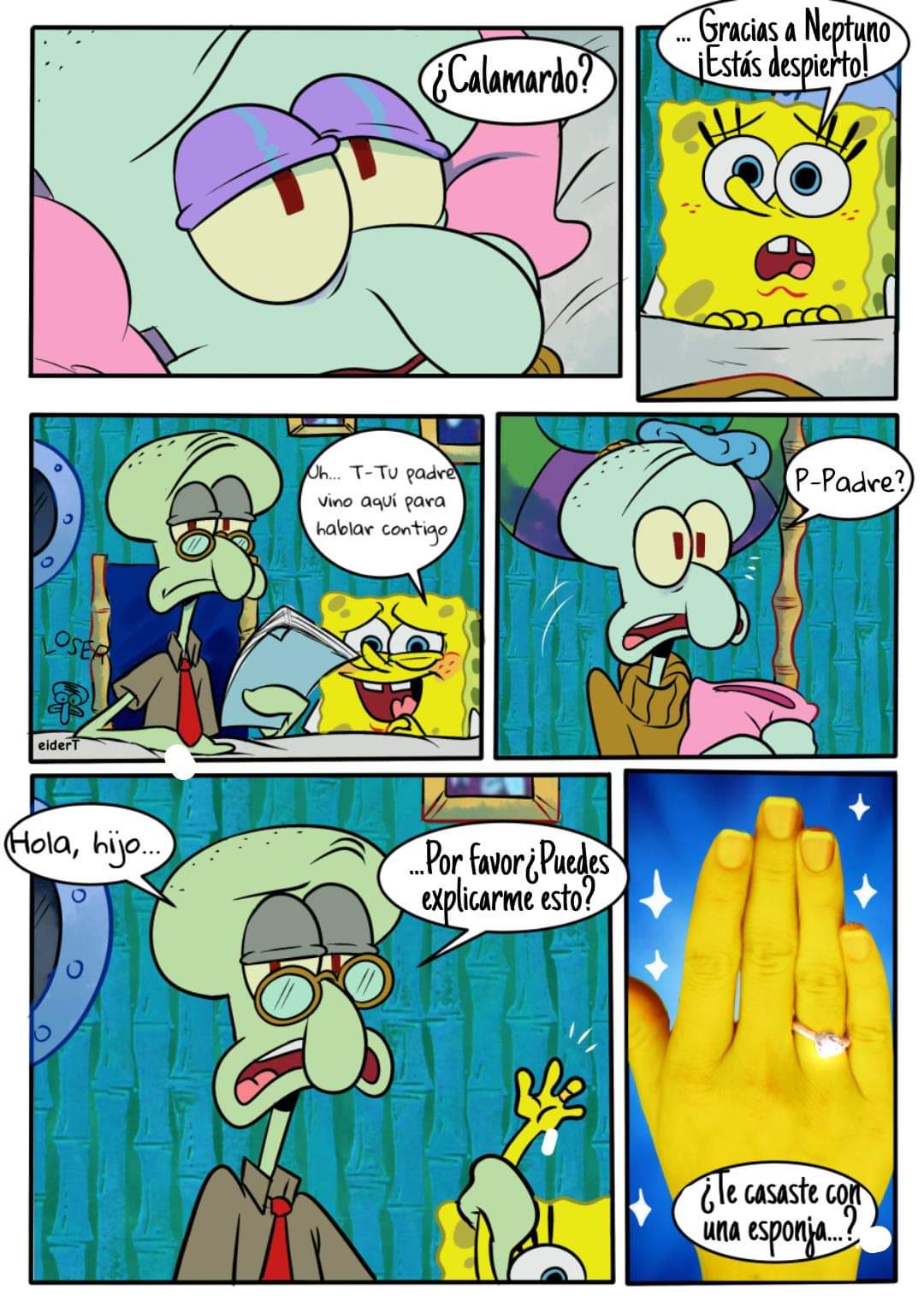 anthro cephalopod coleoid comic dialogue fan_character group hi_res male marine mollusk nickelodeon octopodiform octopus on_model pancaketiffy real sea_sponge spanish_text speech_bubble spongebob_squarepants spongebob_squarepants_(character) squidward_tentacles text toony trio