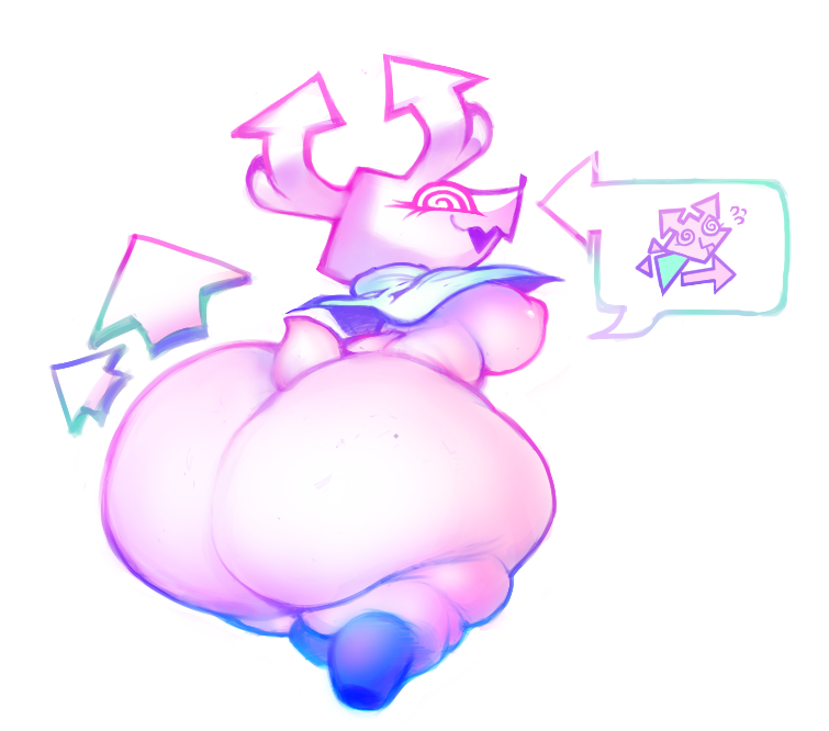 2023 2_horns armless big_breasts big_butt breasts butt capelet deltarune digital_creature eyelashes female horn huge_butt humanoid leg_markings markings nipples open_mouth pink_body presenting presenting_hindquarters rear_view sharp_teeth short_stack short_tail simple_background socks_(marking) solo speech_bubble spiral_eyes sweatdrop_(iconography) tail teeth undertale_(series) virovirokun voidcatart white_background