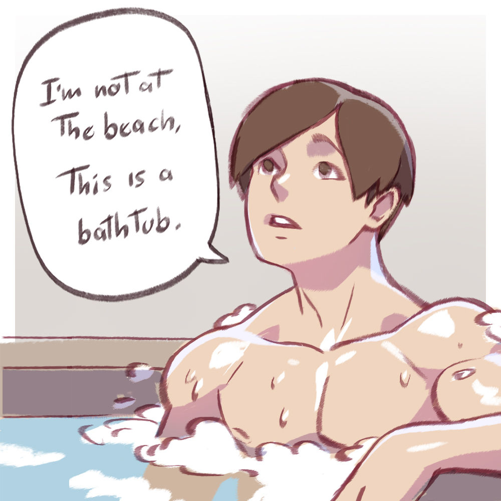 1boy bathtub brown_eyes brown_hair bubble commentary english_commentary english_text i'm_not_at_the_beach_this_is_a_bathtub_(meme) kajin_(kajinman) leon_s._kennedy male_focus meme partially_submerged resident_evil solo water