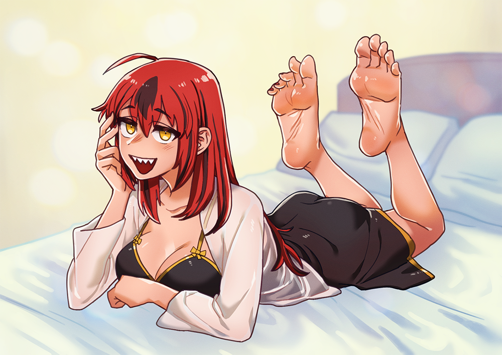 1girl ahoge barefoot bed bed_sheet black_dress breasts collarbone commentary commission dalsegno double-parted_bangs dress english_commentary feet feet_up foot_focus full_body gold_trim hair_between_eyes hand_up indoors large_breasts long_hair lying nail_polish on_bed on_stomach open_clothes open_mouth open_shirt original pillow red_hair red_nails see-through see-through_shirt sharp_teeth shirt short_dress soles solo teeth the_pose toenail_polish toenails toes white_shirt yellow_eyes