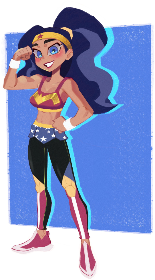 1girl black_hair blue_eyes breasts chi-iz dc_comics dc_super_hero_girls flexing grin long_hair medium_breasts microskirt midriff pants pants_under_skirt ponytail skirt smile solo toned wonder_woman wonder_woman_(series) wristband