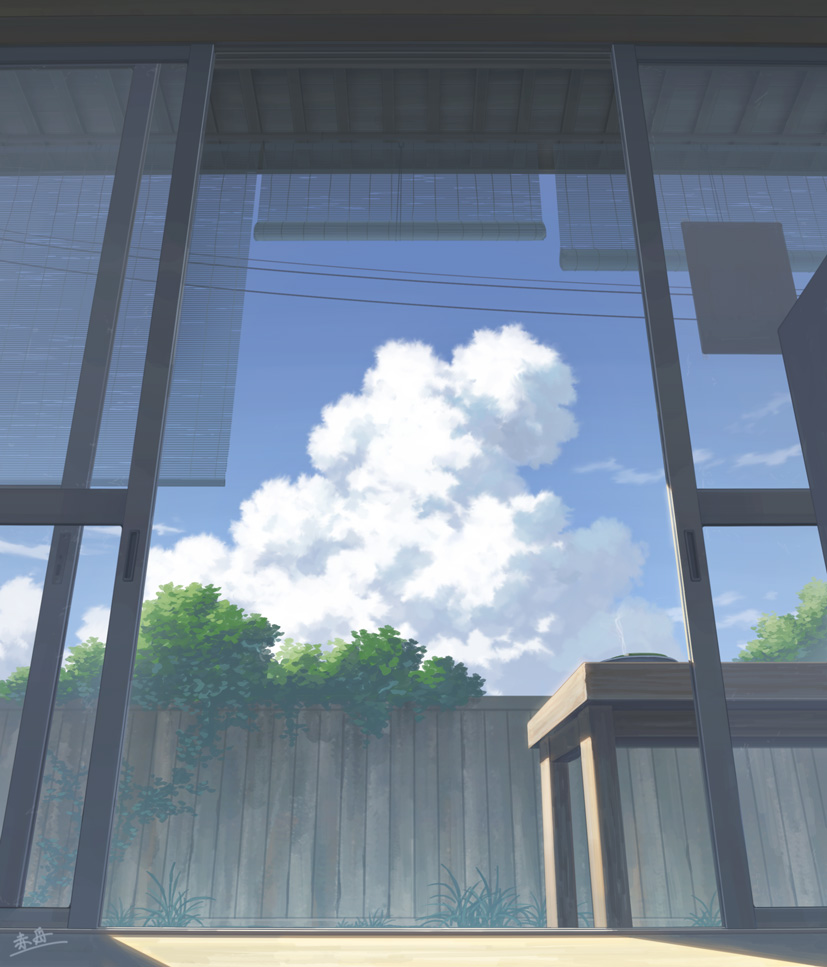 akafune blinds blue_sky cloud commentary_request day fence glass_door indoors ivy nature no_humans original overgrown plant scenery shadow signature sky sliding_doors sunlight table tree wooden_fence wooden_floor wooden_table