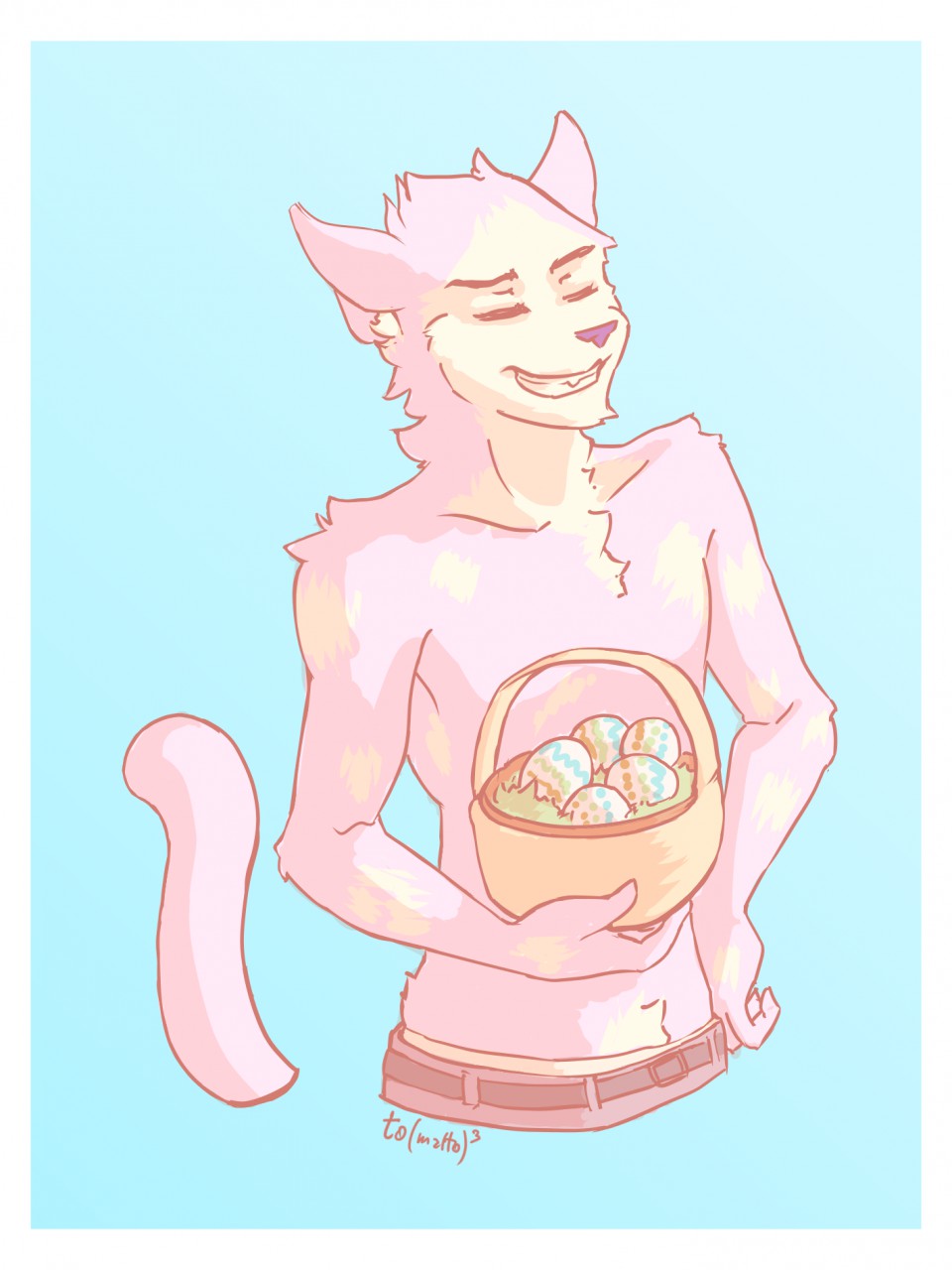 anthro clothed clothing easter easter_egg felid feline hair hi_res holding_object holidays male mammal pink_body pink_hair smile solo to(matto)3 topless