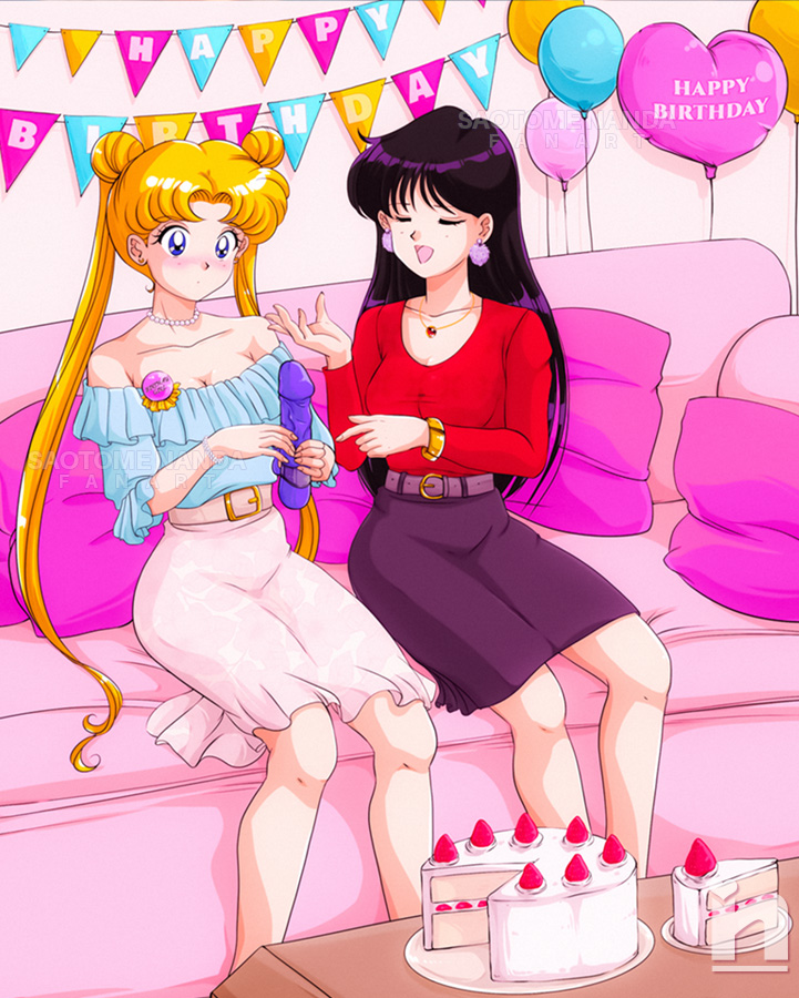 2girls birthday_cake birthday_party bishoujo_senshi_sailor_moon blonde_hair blush breasts cake closed_eyes commission dildo earrings food happy_birthday hino_rei jewelry multiple_girls open_mouth pillow purple_skirt saotome_nanda sex_toy sitting skirt tsukino_usagi