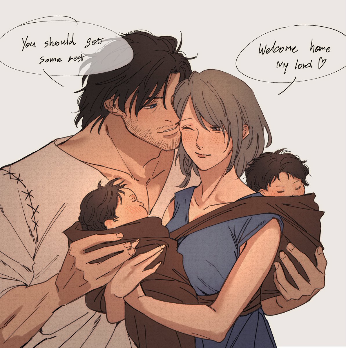 1girl 3boys black_hair blue_dress blush carrying carrying_person child clive_rosfield couple doopee205 dress english_text father_and_son female_child final_fantasy final_fantasy_xvi grey_hair heart highres hug husband_and_wife jill_warrick mother_and_son multiple_boys one_eye_closed piggyback shirt short_hair sleeping smile white_background white_shirt