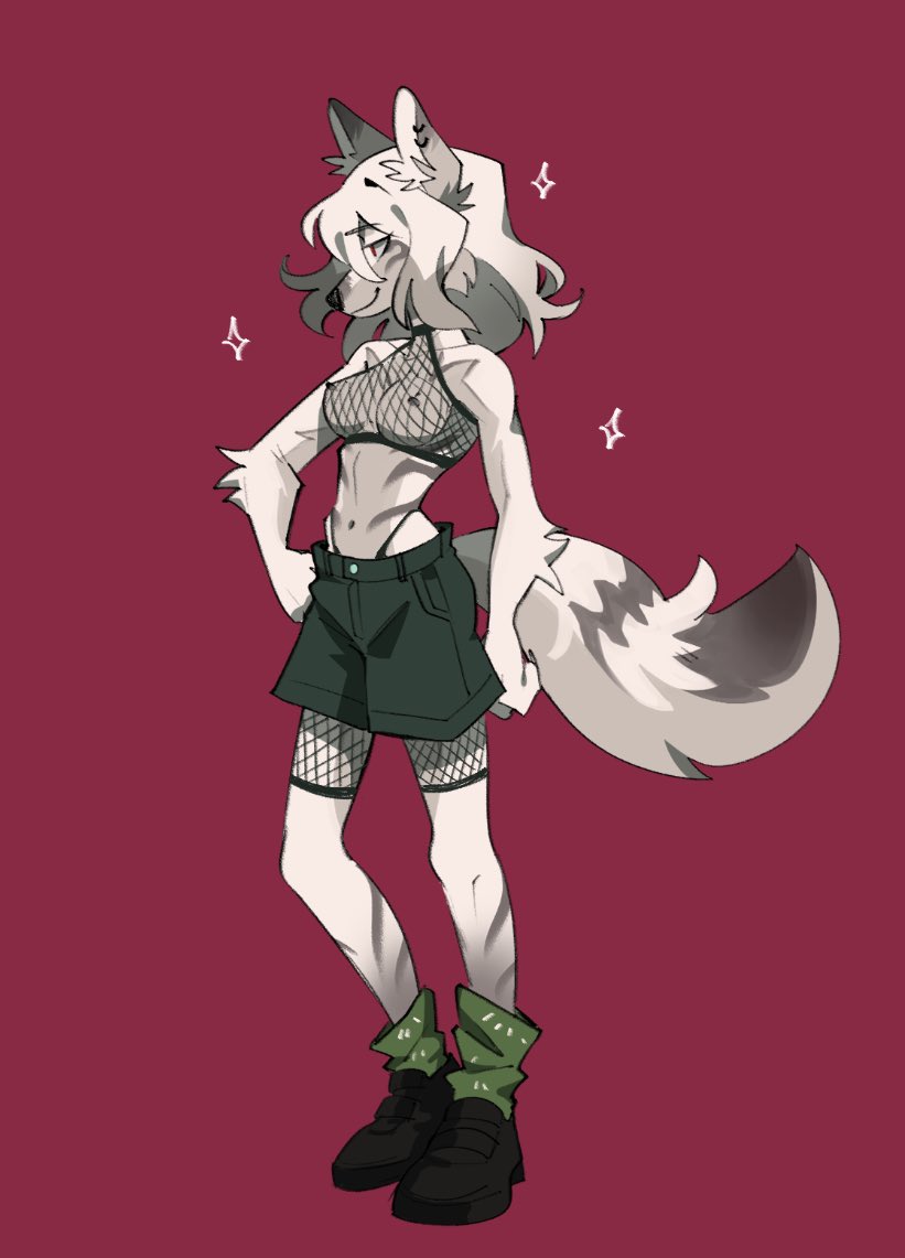 anthro biege_fur bottomwear breasts canid canine clothing ear_piercing female fishnet fluffoo_eva fluffy fluffy_ears fluffy_tail footwear hair looking_away mammal navel nipples panties piercing shoes shorts simple_background slim snout socks solo tail teresa_(fluffoo_eva) underwear