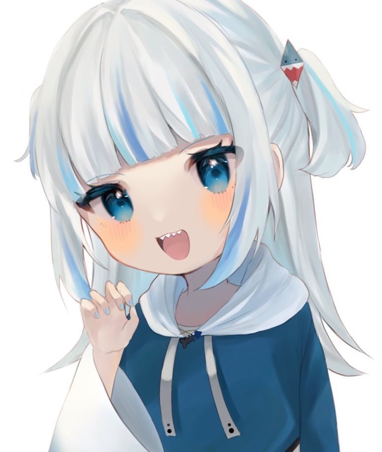1girl blue_eyes blue_hair blush claw_pose gawr_gura hair_ornament hand_up hololive hololive_english hood hood_down hoodie long_hair long_sleeves looking_at_viewer multicolored_hair nail_polish open_mouth shark_hair_ornament sharp_teeth smile solo streaked_hair suiren_nei teeth two-tone_hair two_side_up upper_body virtual_youtuber white_background white_hair