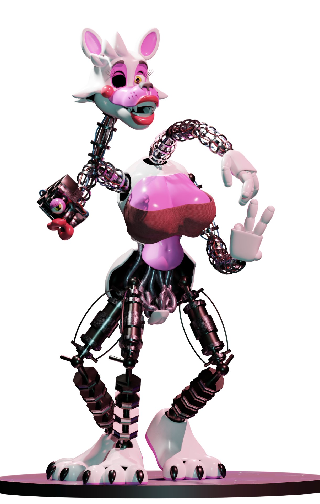 3d_(artwork) animatronic breasts canid clothing digital_media_(artwork) exposed_endoskeleton female five_nights_at_freddy's five_nights_at_freddy's_2 genitals gesture gild-a hi_res looking_at_viewer machine mammal mangle_(fnaf) mangled pussy robot scottgames simple_background solo v_sign white_background