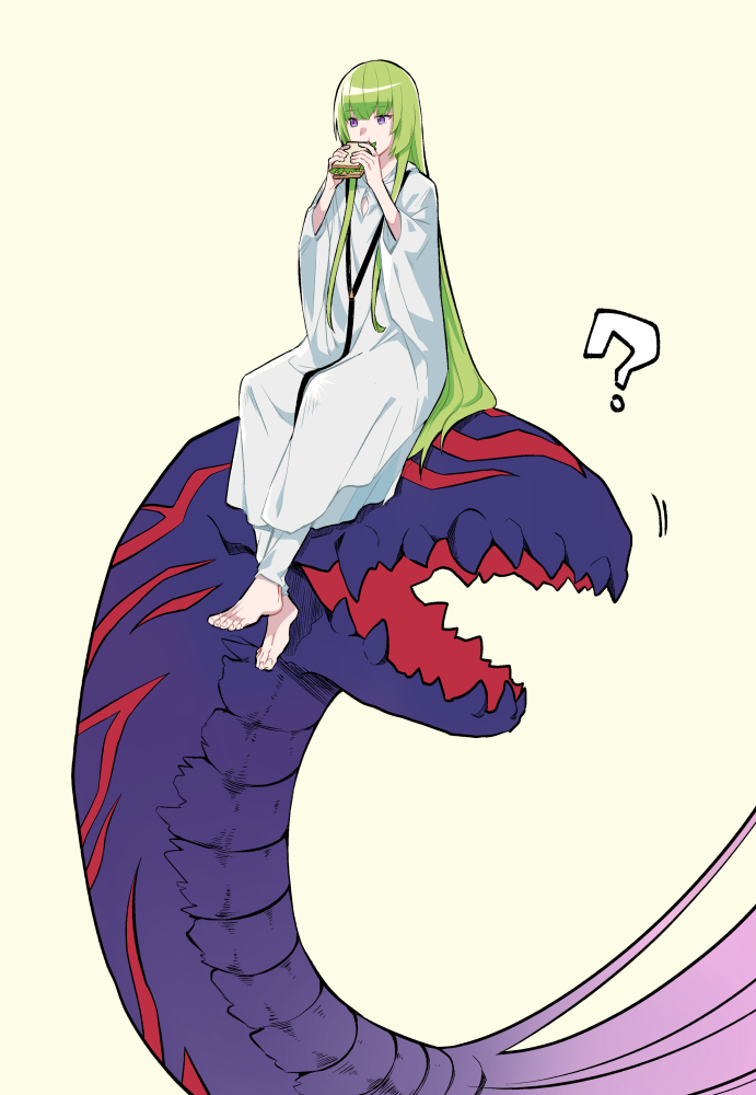 1other ? animal barefoot covered_mouth eating enkidu_(fate) fate/grand_order fate_(series) food giant_snake gorgon_(fate) green_hair hands_up holding holding_food jewelry kingu_(fate) long_hair long_sleeves looking_afar looking_ahead medusa_(fate) necklace nuso out_of_frame oversized_animal purple_eyes purple_hair robe sandwich simple_background sitting snake_hair very_long_hair white_robe yellow_background