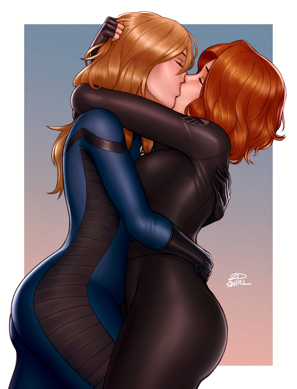 2dswirl 2girls ass avengers_(series) black_jumpsuit black_widow blonde_hair blue_jumpsuit curvy fantastic_four grabbing_another's_hair hands_on_another's_back highres jumpsuit kiss marvel mature_female multiple_girls natasha_romanoff red_hair sue_storm yuri