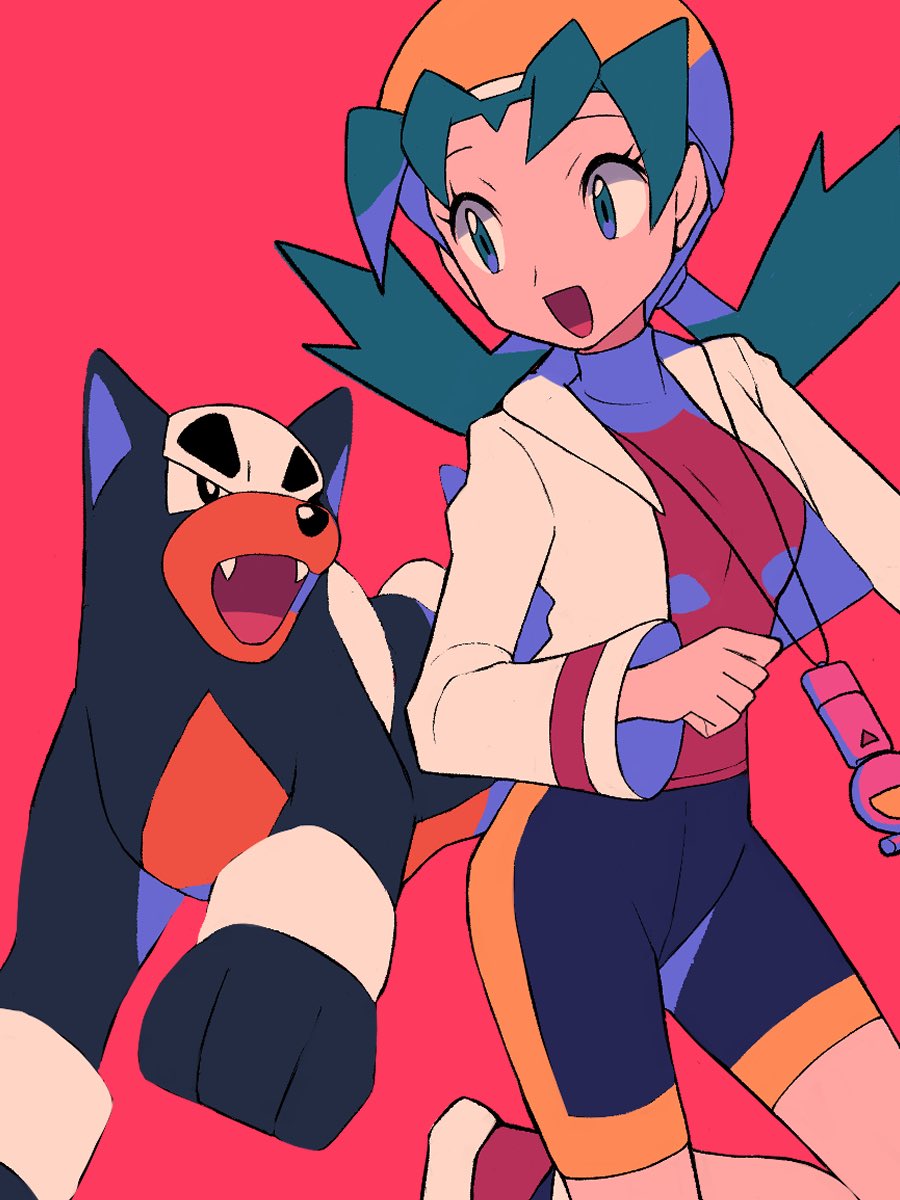 1girl :d bike_shorts clenched_hand commentary_request cropped_jacket eyelashes flipped_hair green_eyes green_hair hat highres houndour jacket kris_(pokemon) leg_up long_hair long_sleeves looking_to_the_side open_mouth pink_background pokemon pokemon_(creature) pokemon_(game) pokemon_gsc red_shirt shirt shoes smile twintails tyako_089 white_jacket