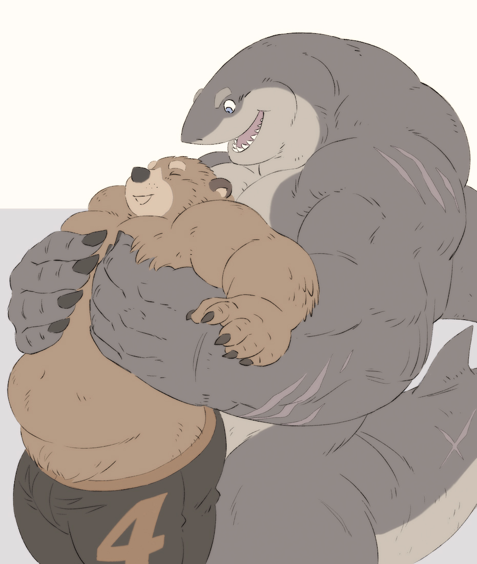 2023 anthro bear belly bottomwear brown_body brown_fur bulge clothing duo eyes_closed fish fur gadoran humanoid_hands kemono male mammal marine overweight overweight_male scar shark shorts size_difference