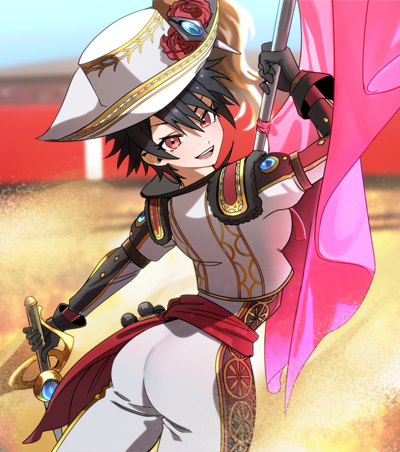 1girl :d arched_back ass black_gloves black_hair blue_sky blurry blurry_background breasts bullfighting commentary_request cowboy_shot cropped_jacket depth_of_field dirt_floor dust flower from_behind gloves hair_between_eyes hat hat_feather hat_flower holding holding_sword holding_weapon jacket looking_at_viewer looking_back matador medium_breasts megido72 muleta open_mouth outdoors pants partial_commentary red_eyes red_flower red_sash sash short_hair sky smile solo souma_(soumadian) stadium standing sword teeth tomboy upper_teeth_only very_short_hair weapon white_headwear white_jacket white_pants zagan_(megido72)