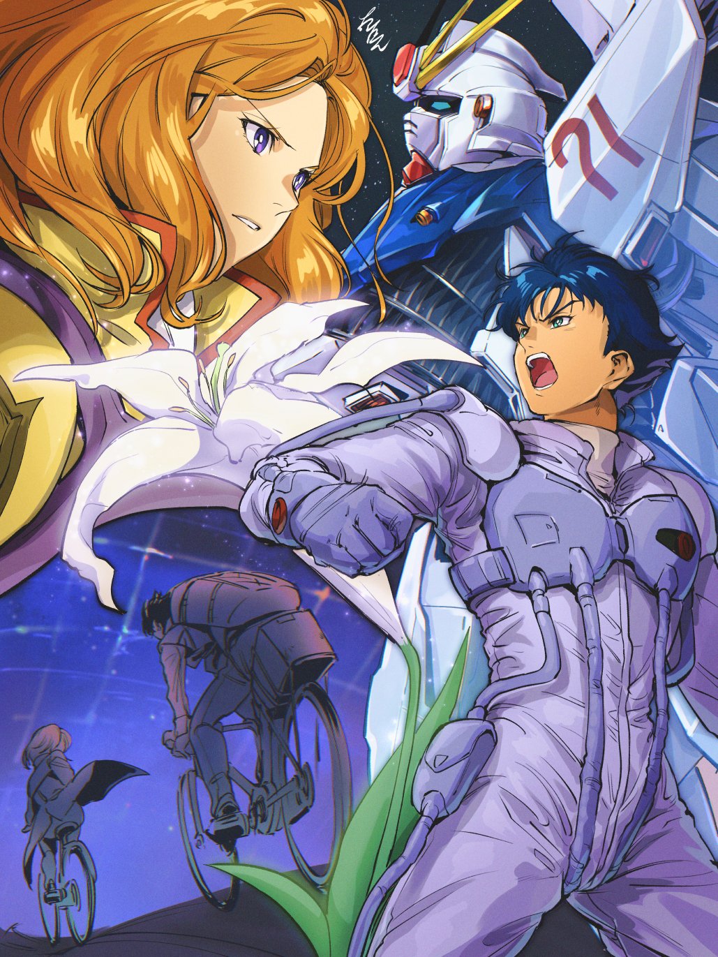 1boy 1girl backpack bag bicycle blue_eyes blue_hair cecily_fairchild chanmura clenched_hand f91_gundam flower gloves grey_gloves grey_shirt ground_vehicle gundam gundam_f91 hair_behind_ear highres jumpsuit looking_ahead mecha mobile_suit multiple_views orange_hair pants parted_lips purple_eyes purple_jumpsuit riding riding_bicycle robot seabook_arno shirt short_hair space v-fin v-shaped_eyebrows white_flower white_shirt yellow_jumpsuit