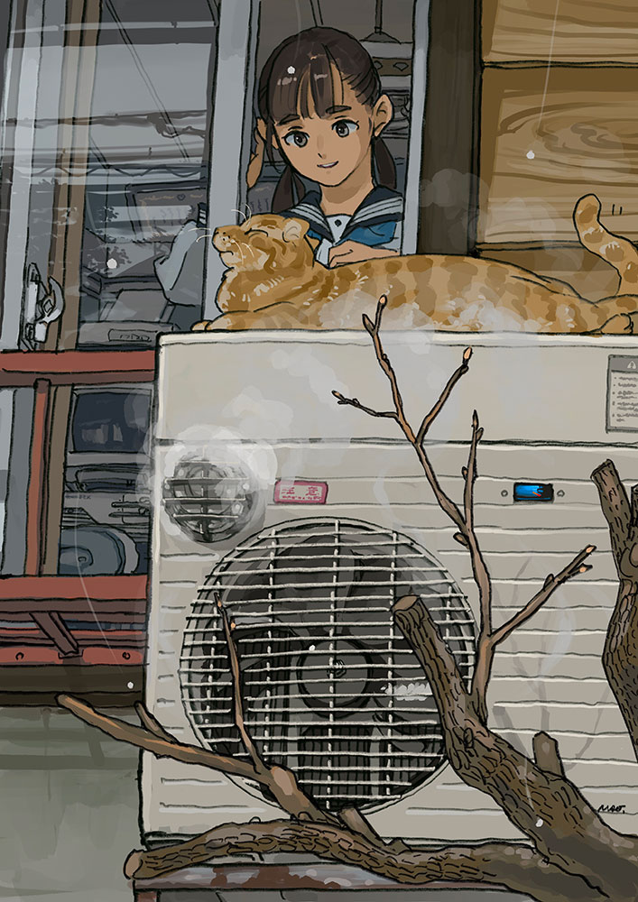 1girl air_conditioner animal black_hair blue_sailor_collar cat house looking_at_animal mao_(matz8) open_window original parted_lips reflection sailor_collar solo steam tree twintails window
