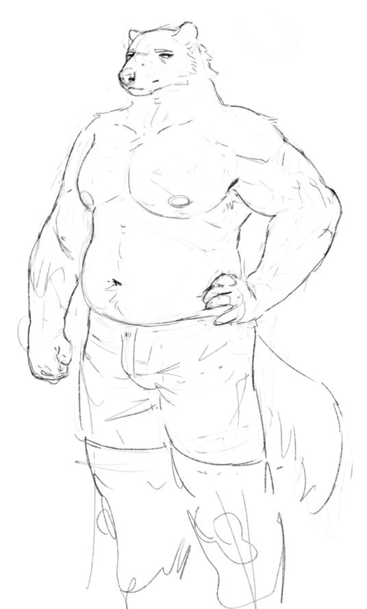 2022 anthro belly bottomwear cettus clothed clothing gulonine hand_on_hip male mammal musclegut muscular muscular_anthro muscular_male mustelid musteline navel nipples pants pecs shorts sketch slightly_chubby slightly_chubby_anthro slightly_chubby_male solo standing topless wolverine
