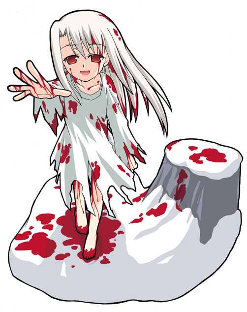 1girl blood blood_in_hair blood_on_clothes blood_on_face blood_on_feet blood_on_hands blood_on_leg blood_stain dress fate/stay_night fate_(series) illyasviel_von_einzbern kaze_shibuki long_hair looking_at_viewer open_mouth outstretched_arm reaching reaching_towards_viewer red_eyes smile snow solo torn_clothes white_dress white_hair