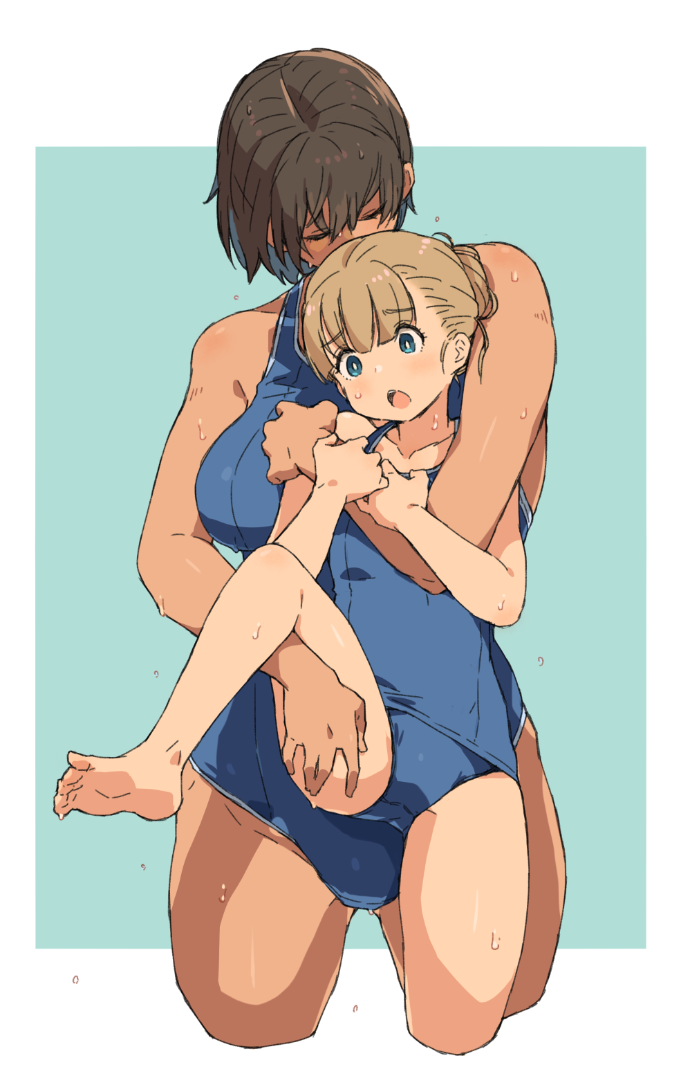 2girls aqua_background barefoot blue_one-piece_swimsuit breasts brown_eyes brown_hair closed_eyes height_difference highres kei_(m_k) large_breasts m_k multiple_girls one-piece_swimsuit open_mouth original rika_(m_k) school_swimsuit short_hair small_breasts smelling_hair soles swimsuit toes tomboy two-tone_background wet white_background yuri