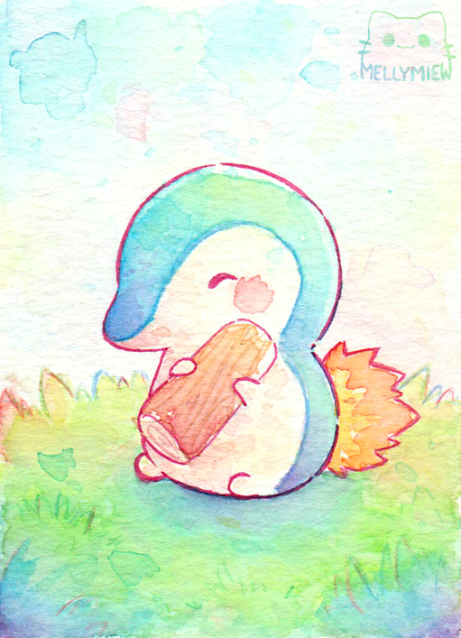 animal_focus artist_name bisquii chibi closed_eyes commentary cyndaquil fire holding log no_mouth painting_(medium) pokemon pokemon_(creature) sitting traditional_media watercolor_(medium)