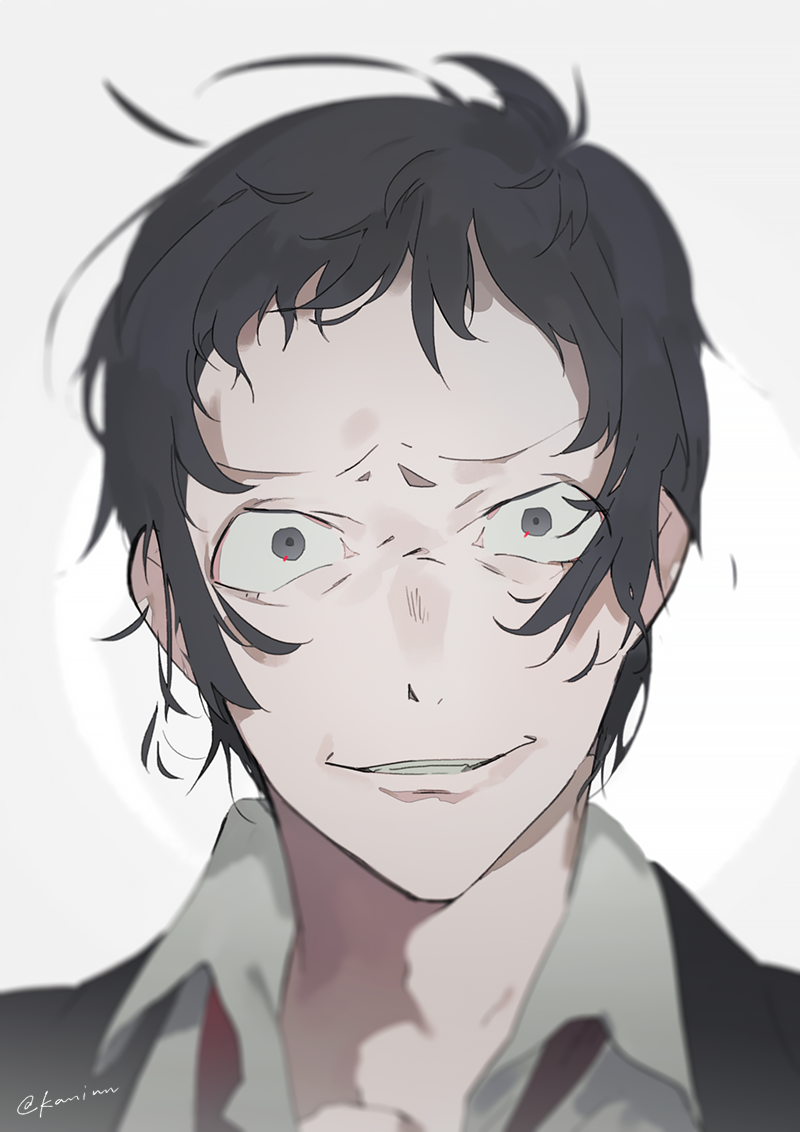 1boy adachi_tooru black_hair black_jacket blurry blurry_foreground collared_shirt commentary_request constricted_pupils crazy_eyes crazy_smile furrowed_brow grey_background grey_eyes jacket kaninn looking_at_viewer male_focus necktie open_mouth persona persona_4 portrait red_necktie shirt short_hair simple_background smile solo teeth twitter_username white_shirt wide-eyed