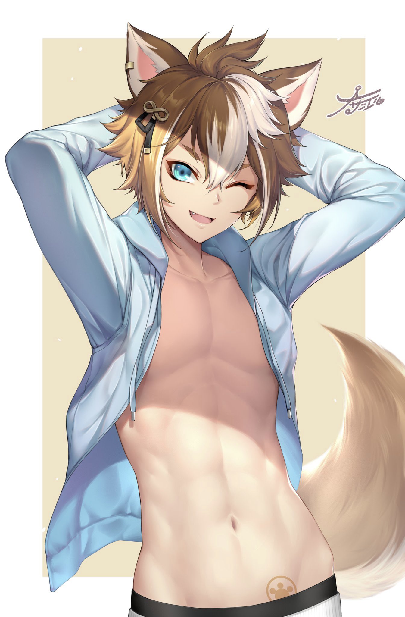 1boy ;d abs animal_ears arms_behind_head arms_up blue_eyes blue_jacket brown_background brown_hair collarbone commentary cowboy_shot dog_boy dog_ears dog_tail drawstring ear_piercing fang genshin_impact gorou_(genshin_impact) hair_between_eyes hair_ornament highres hood hood_down hood_up jacket long_sleeves long_torso looking_at_viewer male_focus multicolored_hair nasaniliu navel one_eye_closed open_clothes open_jacket open_mouth pectorals piercing sidelocks signature smile solo standing stomach streaked_hair tail white_background white_hair