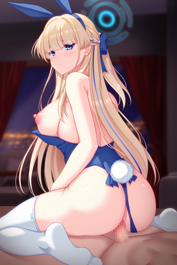 1boy 1girl animal_ears ass blonde_hair blue_archive blue_eyes blue_hair blue_leotard bow breasts censored clothing_aside cowgirl_position fake_animal_ears fake_tail from_behind girl_on_top hair_bow hetero highleg highleg_leotard large_breasts leotard leotard_aside long_hair looking_back mosaic_censoring multicolored_hair nipples official_alternate_costume penis playboy_bunny rabbit_ears rabbit_tail reverse_cowgirl_position sex shefu solo_focus straddling strapless strapless_leotard streaked_hair tail thighhighs toki_(blue_archive) toki_(bunny)_(blue_archive) vaginal white_thighhighs