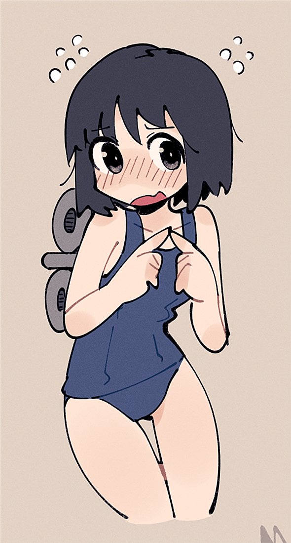 1girl adpx android black_eyes black_hair blush flying_sweatdrops hands_up humanoid_robot index_fingers_together light_brown_background new_school_swimsuit nose_blush robot school_swimsuit shinonome_nano short_hair solo swimsuit thigh_gap winding_key