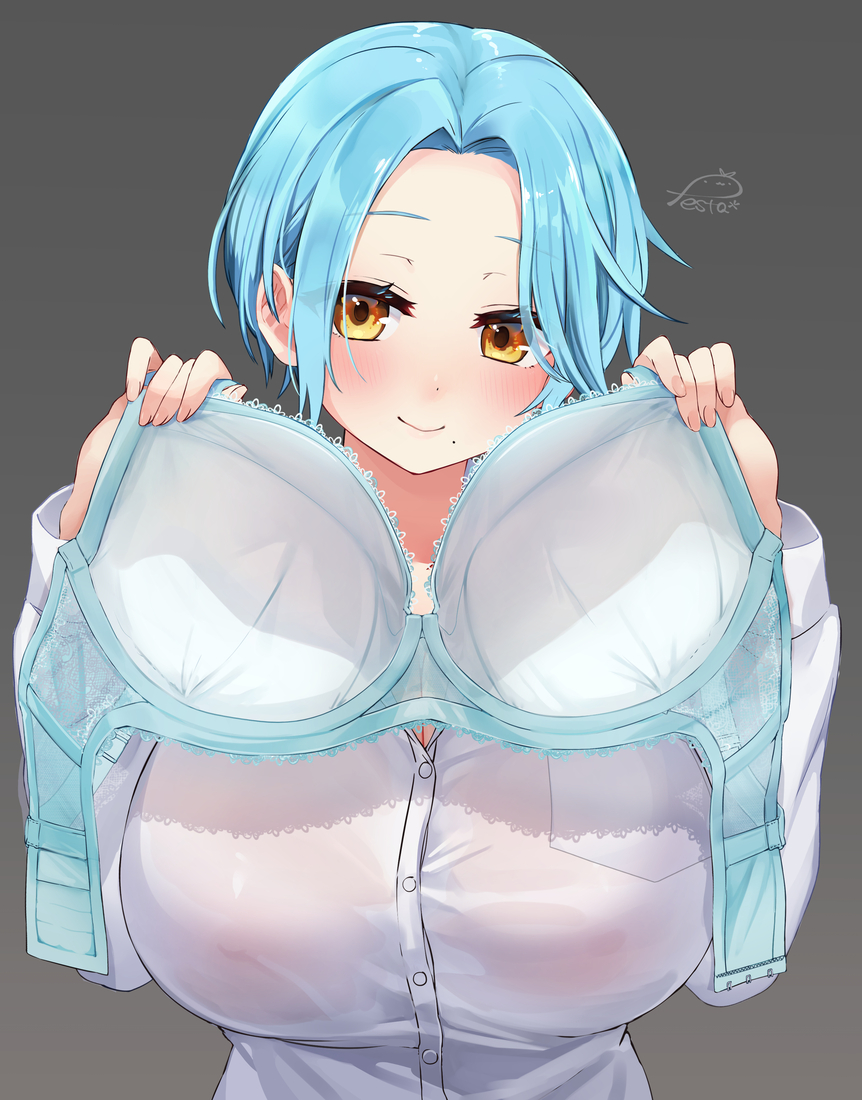 1girl artist_name blue_bra blue_hair bra bra_removed bra_visible_through_clothes breast_pocket breasts collared_shirt dress_shirt festa11307070 hand_up hands_on_own_chest holding holding_bra holding_clothes holding_underwear huge_breasts long_sleeves moira_(nijisanji) mole mole_under_mouth nijisanji pocket presenting_bra shirt short_hair simple_background solo underwear upper_body white_shirt yellow_eyes