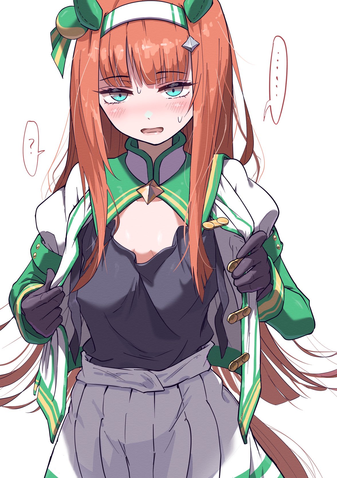 ... 1girl ? animal_ears black_gloves black_shirt blush breasts breasts_apart ear_covers gloves green_eyes hairband highres horse_ears horse_girl horse_tail itosu200 jacket long_hair long_sleeves looking_at_viewer open_mouth orange_hair shirt shirt_tucked_in silence_suzuka_(umamusume) simple_background skirt small_breasts solo spoken_ellipsis spoken_question_mark sweat tail umamusume undressing upper_body white_background white_jacket white_skirt