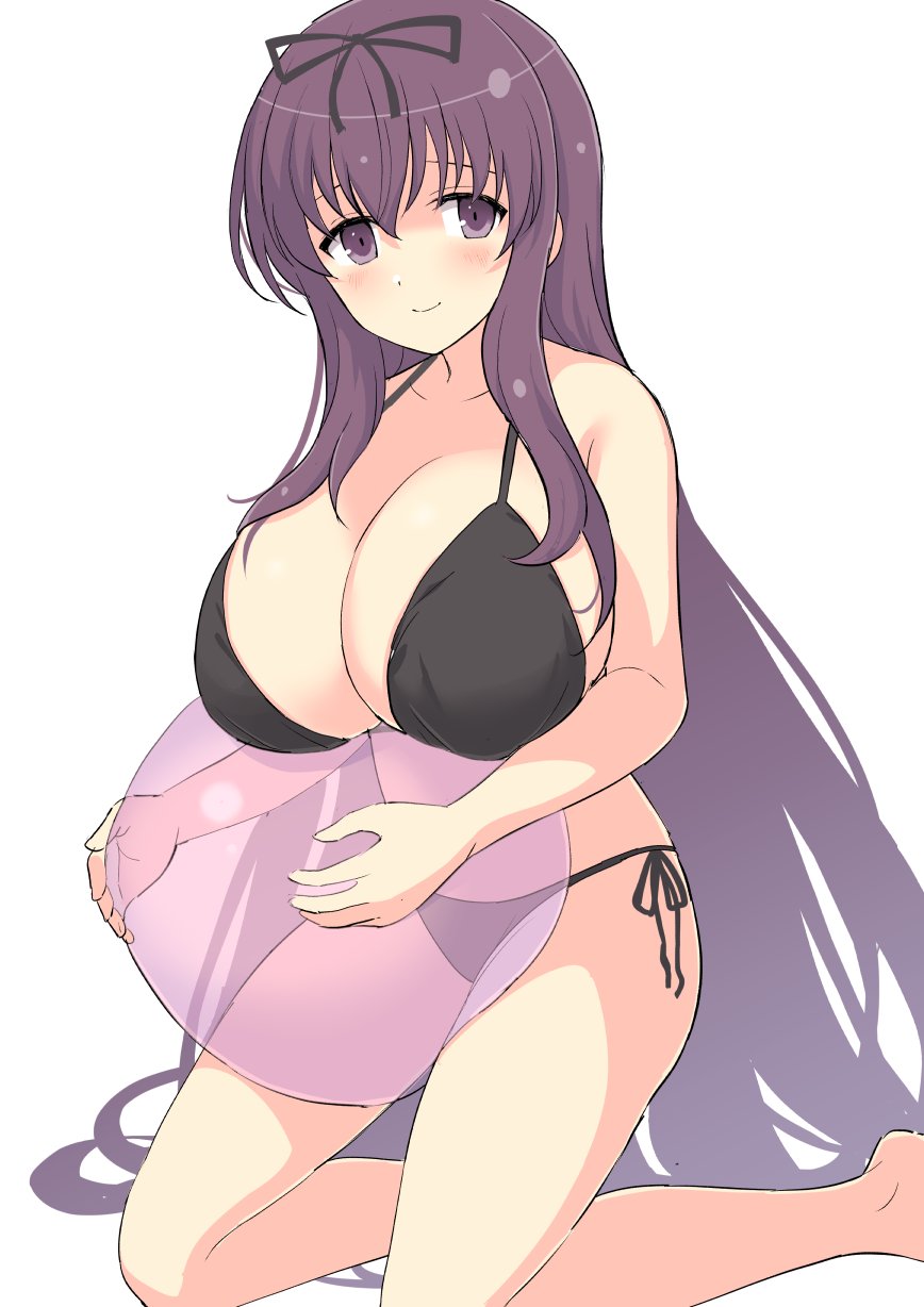 1girl ball bare_arms bare_legs bare_shoulders beachball bikini black_bikini breasts highres holding holding_ball kneeling large_breasts long_hair murasaki_(senran_kagura) perapera purple_eyes purple_hair senran_kagura senran_kagura_shoujo-tachi_no_shin'ei smile swimsuit white_background