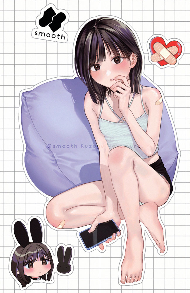 1girl animal_ears bandaid bandaid_on_knee bandaid_on_leg bandaid_on_shoulder bare_shoulders barefoot black_eyes black_hair black_skirt camisole cellphone chibi chibi_inset cushion expressionless fake_animal_ears flat_chest green_panties heart holding holding_phone legs looking_at_viewer medium_hair miniskirt nakamura_kuzuyu original panties pantyshot parted_lips phone rabbit_ears sitting skirt smartphone solo toes underwear white_panties