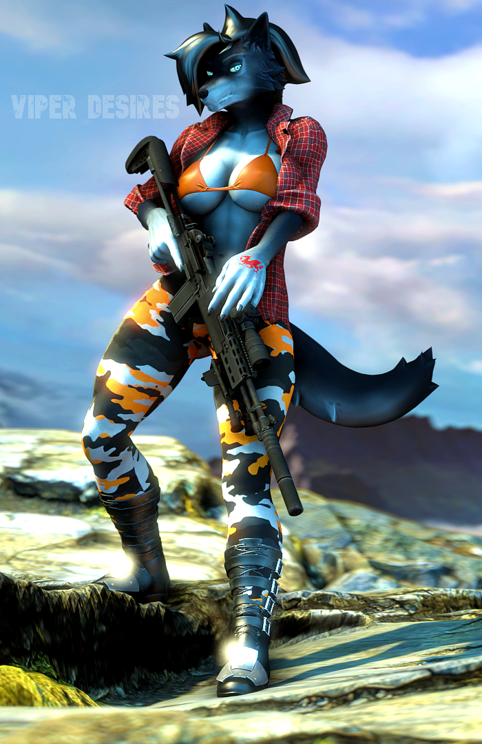 2023 3d_(artwork) anthro artist_name black_body black_fur black_hair blue_eyes boots bottomwear bra breasts camo camo_bottomwear camo_clothing camo_pants camo_print canid canine canis claws cleavage clothed clothing detailed_background digital_media_(artwork) female fingers flannel flannel_shirt footwear fur grey_body grey_fur gun hair hand_tattoo katie_(viper-desires) mammal mountain multicolored_body multicolored_fur navel open_clothing open_shirt open_topwear orange_bra orange_clothing orange_underwear outside pants pattern_bottomwear pattern_clothing pattern_pants ranged_weapon rifle shirt short_hair solo source_filmmaker tattoo topwear two_tone_body two_tone_fur under_boob underwear viper-desires watermark weapon wolf