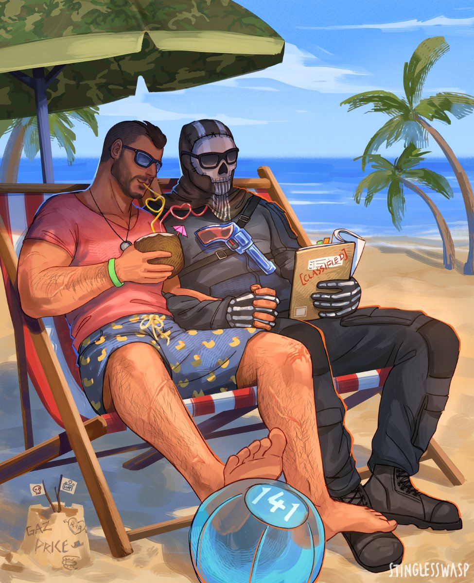 2boys arm_hair artist_name ball bara barefoot beach beachball black_gloves black_pants blue_male_swimwear book call_of_duty call_of_duty:_modern_warfare_2 cloud coconut couple day drinking drinking_straw facial_hair food fruit fruit_cup ghost_(modern_warfare_2) gloves gun highres holding holding_book holding_food holding_fruit jewelry large_pectorals male_focus male_swimwear mask multiple_boys muscular muscular_male necklace open_book outdoors pants pectorals pink_shirt sand sand_castle sand_sculpture shirt skull_mask sky soap_(modern_warfare_2) stinglesswasp sunglasses weapon yaoi