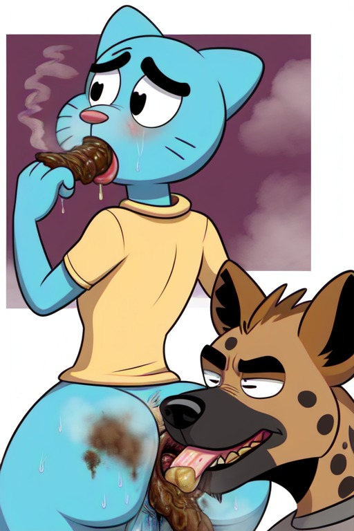 anal anthro anus balls blush bodily_fluids butt canid canine cartoon_network clothed clothing domestic_cat duo eating_feces fan_character feces feces_in_ass feces_in_mouth feces_on_body feces_on_butt felid feline felis fur genital_fluids genitals gumball_watterson male male/male mammal nude pooping scat simple_background steaming sweat sweaty_balls sweaty_butt sweaty_face sweaty_genitalia the_amazing_world_of_gumball unknown_artist