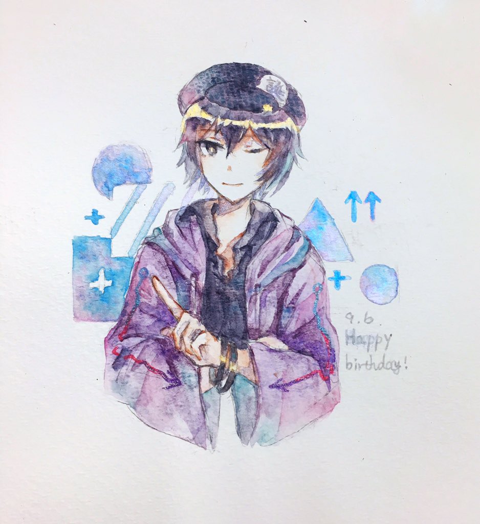 1other 21scorpii arrow_(symbol) arrow_print birthday black_bracelet black_hoodie black_shirt bracelet chinese_commentary closed_mouth commentary_request crossed_arms dated english_text happy_birthday hat hood hooded_jacket hoodie jacket jewelry len'en one_eye_closed painting_(medium) pointing purple_eyes purple_hair purple_jacket shapes shirt shitodo_kuroji smile traditional_media upper_body watercolor_(medium)