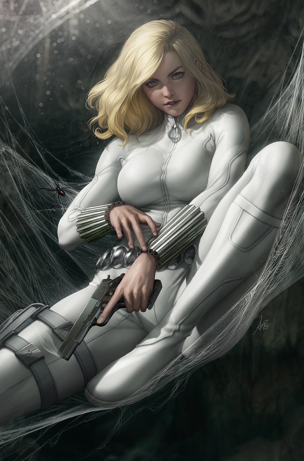 1girl belt black_widow blonde_hair bodysuit boots browning_hi-power bug grey_eyes gun handgun highres marvel medium_hair official_art silk sitting solo spider spider_web stanley_lau weapon white_bodysuit white_footwear yelena_belova