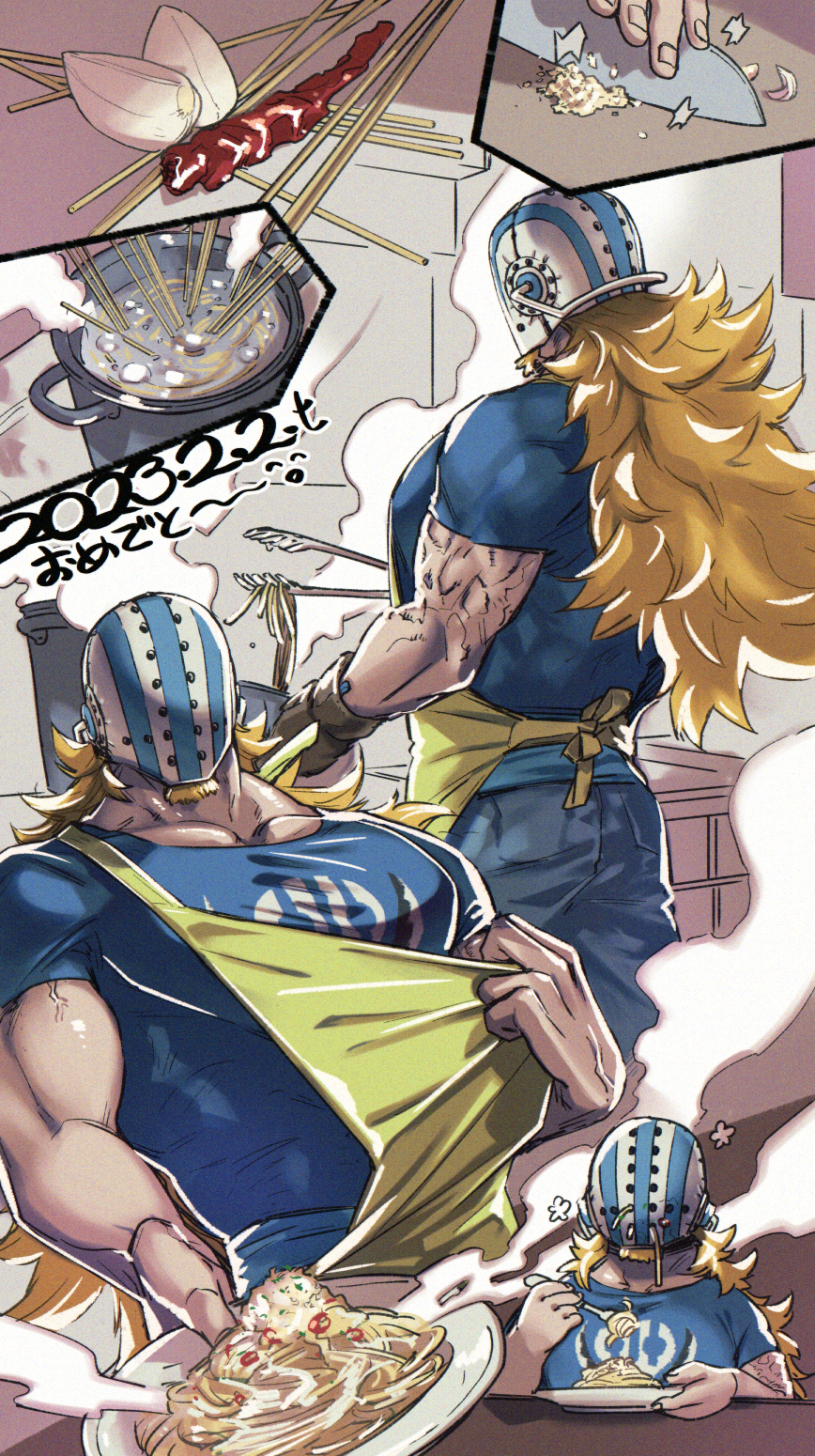 1boy apron beard blonde_hair blue_pants blue_shirt chili_pepper cooking dated denim eating facial_hair food garlic helmet highres holding holding_knife holding_plate holding_tongs jeans killer_(one_piece) kitchen kitchen_knife knife lies_(artist) long_hair male_focus multiple_views muscular muscular_male one_piece pants pasta plate shirt signature solo spaghetti steam yellow_apron