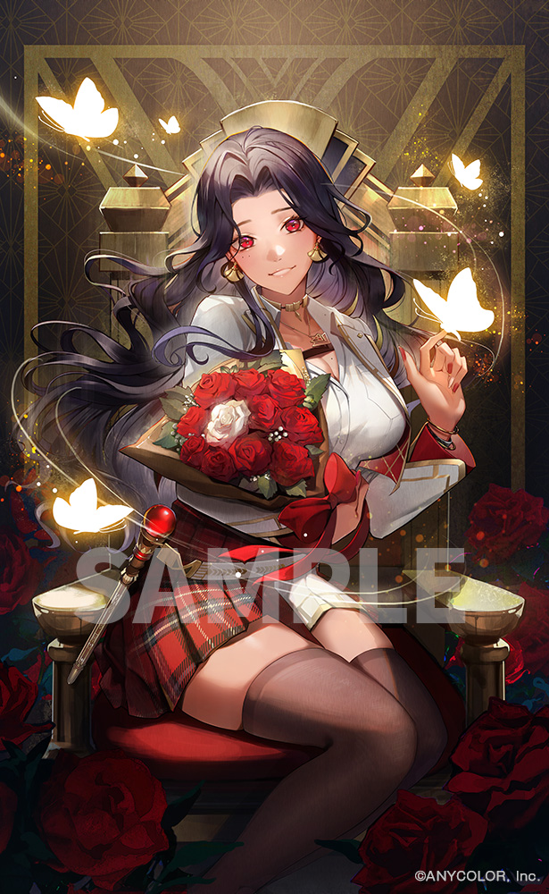 1girl belt black_hair black_thighhighs bouquet bracelet breasts bug butterfly chest_belt cleavage collarbone collared_shirt copyright_notice dark-skinned_female dark_skin earrings feet_out_of_frame flower gold_belt gold_choker gold_necklace holding holding_bouquet jacket jewelry large_breasts long_hair long_sleeves looking_at_viewer mole mole_on_breast mole_under_eye multicolored_nails multiple_moles nail_polish necklace nijisanji nijisanji_en official_art open_clothes open_collar open_jacket parted_bangs parted_lips red_eyes red_flower red_nails red_rose red_skirt riz3 rose sample_watermark scarle_yonaguni scarle_yonaguni_(1st_costume) shirt shirt_tucked_in sitting skirt smile solo thighhighs throne two-tone_skirt virtual_youtuber wand watermark wavy_hair white_belt white_flower white_jacket white_nails white_rose white_shirt white_skirt