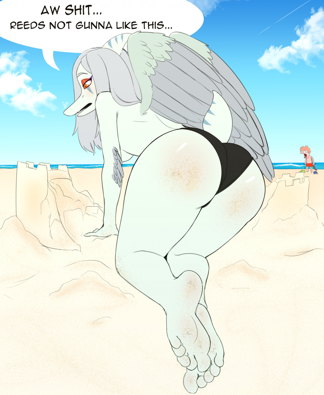5_toes amber_eyes anthro arm_feathers beach bikini bikini_bottom black_bikini_bottom blue_body bone_frill bottomwear breasts butt butt_focus clothed clothing cloud colored detailed_background dialogue dinosaur dromaeosaurid elbow_feathers english_text fang_(gvh) feather_tuft feathered_wings feathers feet female frill_(anatomy) goodbye_volcano_high grey_body grey_feathers hair hi_res humanoid_feet male narrowed_eyes open_mouth outside pink_body pink_hair plantigrade pterodactylus pterosaur reed_(gvh) reptile sand scalie sea seaside short_tail shorts silver_hair sky snoot_game snout solo speech_bubble swimwear tail text theropod toes topless topless_female tuft unknown_artist velociraptor water wings
