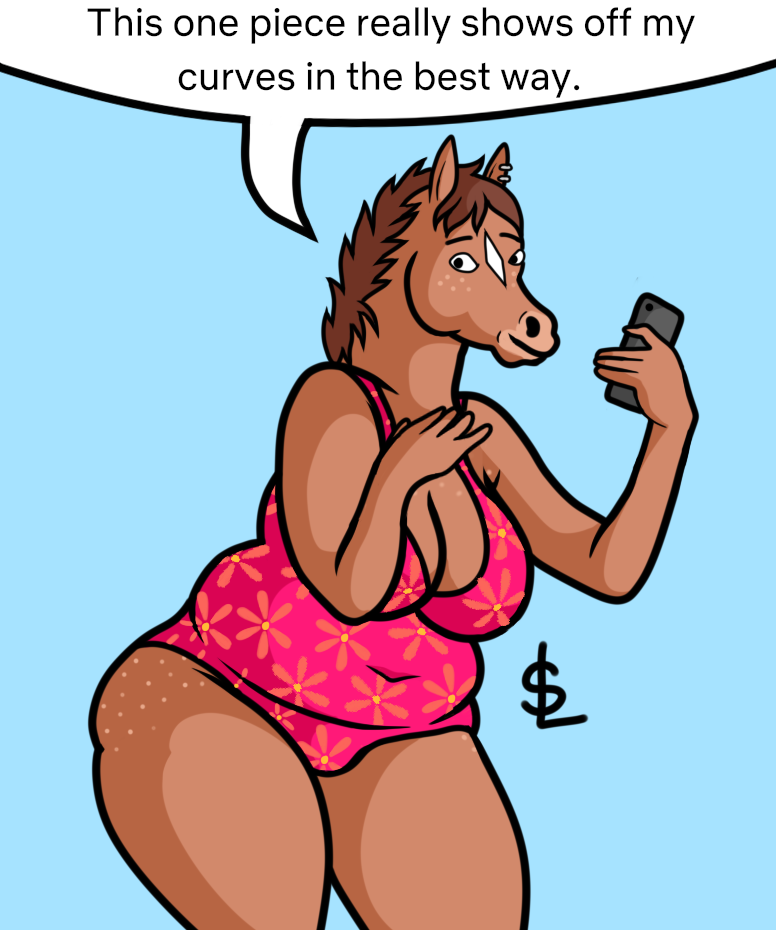 anthro bojack_horseman breasts cellphone chubby_female cleavage clothed clothing ear_piercing equid equine female freckles freckles_on_butt furrycheetah_(artist) holding_object holding_phone hollyhock_(bojack_horseman) horse mammal netflix omochao4(artist) one-piece_swimsuit phone piercing slightly_chubby solo swimwear