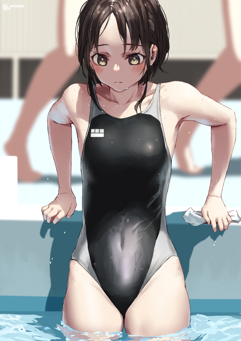 3girls black_one-piece_swimsuit blurry blurry_background blush breasts brown_eyes brown_hair closed_mouth collarbone commentary_request competition_swimsuit jonsun looking_down misaki_(jonsun) multiple_girls one-piece_swimsuit original partially_submerged pool short_hair small_breasts solo_focus swimsuit thighs water wet wet_clothes wet_hair wet_swimsuit