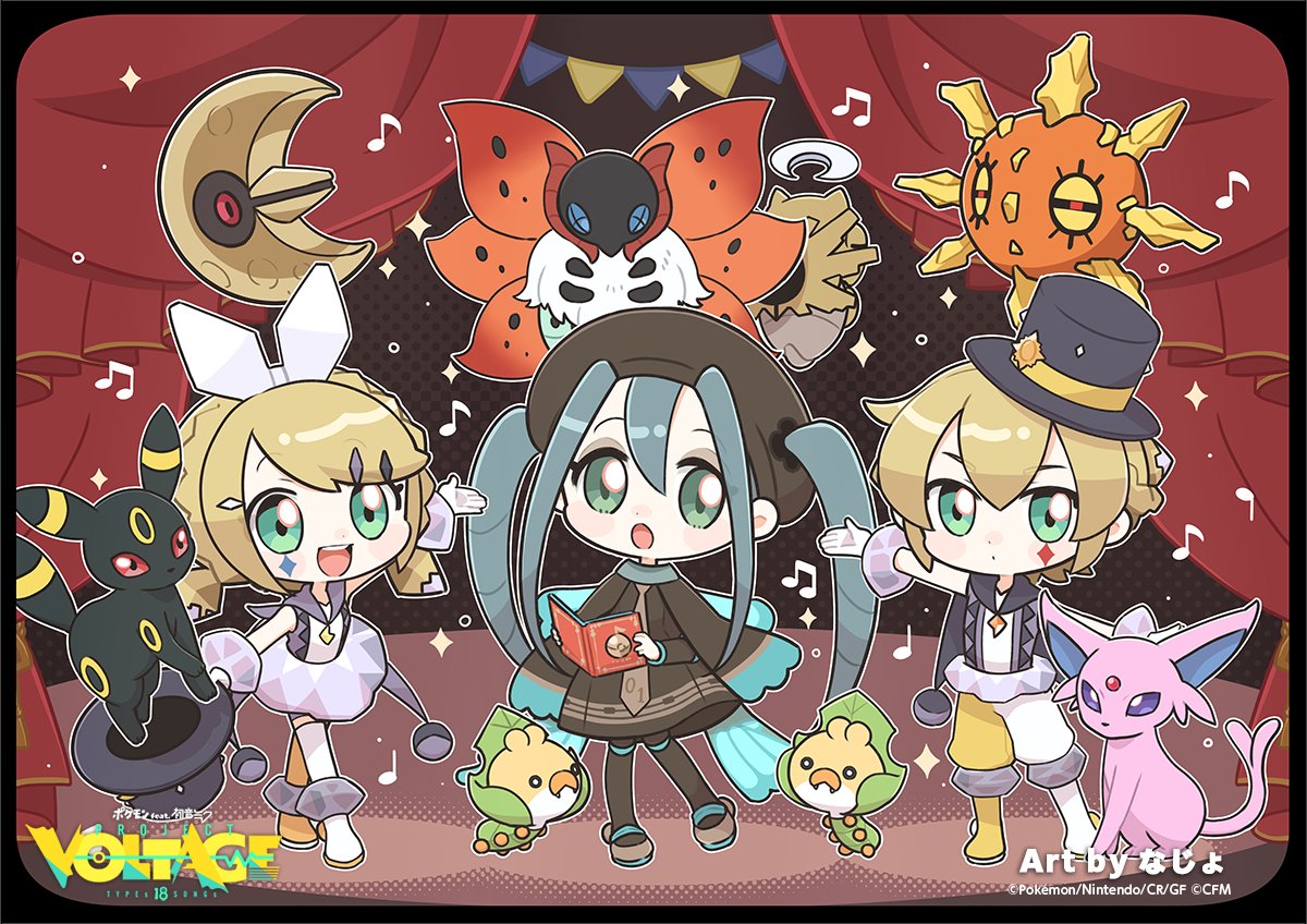 1boy 2girls aqua_cape aqua_hair aqua_trim artist_name asymmetrical_footwear black_headwear blonde_hair blush_stickers book boots bow braid brown_dress brown_headwear brown_necktie bug_miku_(project_voltage) butterfly_wings cape chibi copyright_name crown_braid diamond_facial_mark dot_nose dress espeon eyeshadow gloves green_eyes grey_eyeshadow hair_bow hair_ornament hair_through_headwear hairclip hat hat_ornament hatsune_miku holding holding_book holding_clothes holding_hat insect_wings kagamine_len kagamine_rin long_hair looking_at_viewer lunatone makeup mismatched_footwear multicolored_pants multiple_girls musical_note musical_staff_print najo necktie official_art open_mouth outline pants pennant pokemon pokemon_(creature) polka_dot polka_dot_background project_voltage sewaddle shedinja shirt short_hair sleeveless sleeveless_shirt smile solrock sparkle stage stage_curtains string_of_flags sun_ornament swept_bangs teeth thigh_boots top_hat tutu twintails umbreon upper_teeth_only vocaloid volcarona white_bow white_gloves white_outline wings
